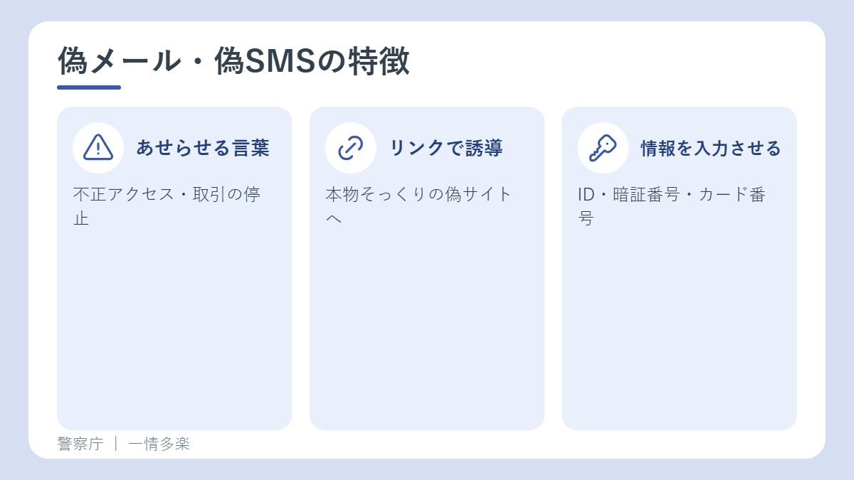 偽メールの特徴。あせらせる言葉、リンクで偽サイトへ、ID・暗証番号を入力させる