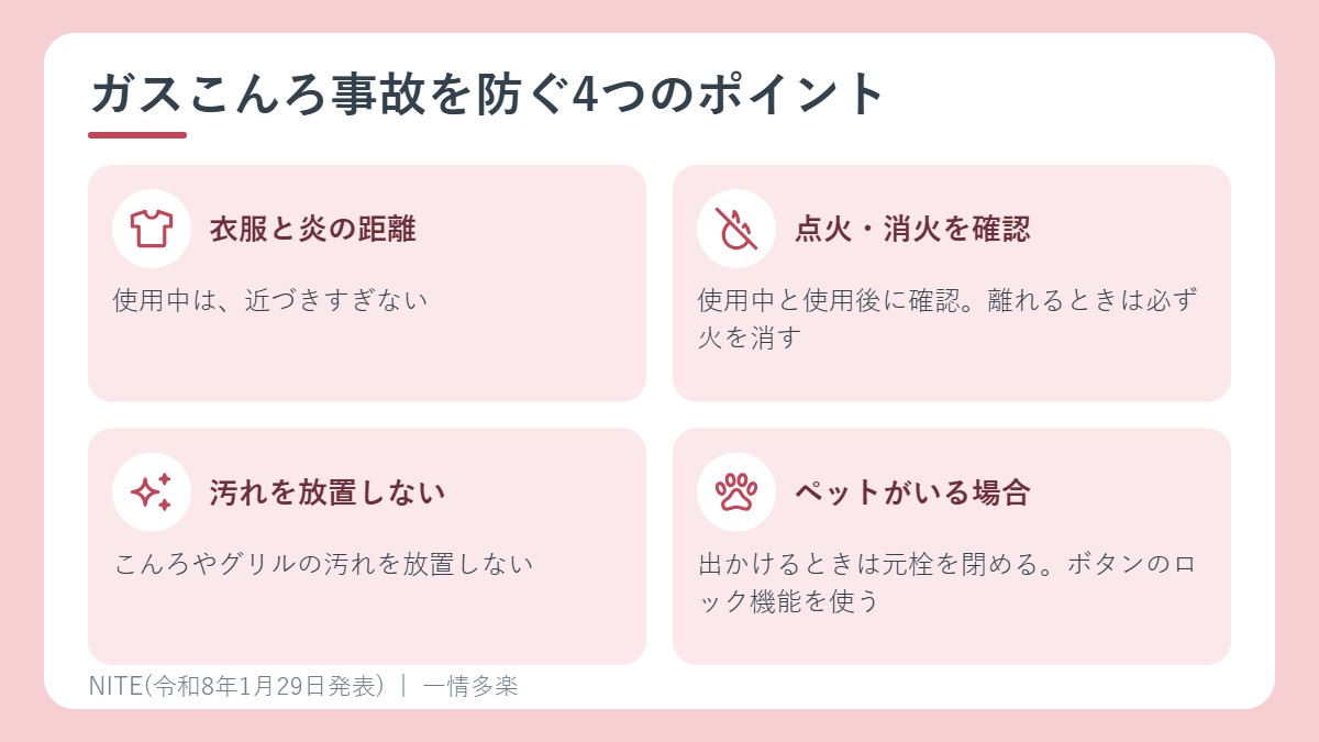 ガスこんろの事故を防ぐ4つのポイント。衣服と炎の距離、点火・消火の確認、汚れを放置しない、ペット対策
