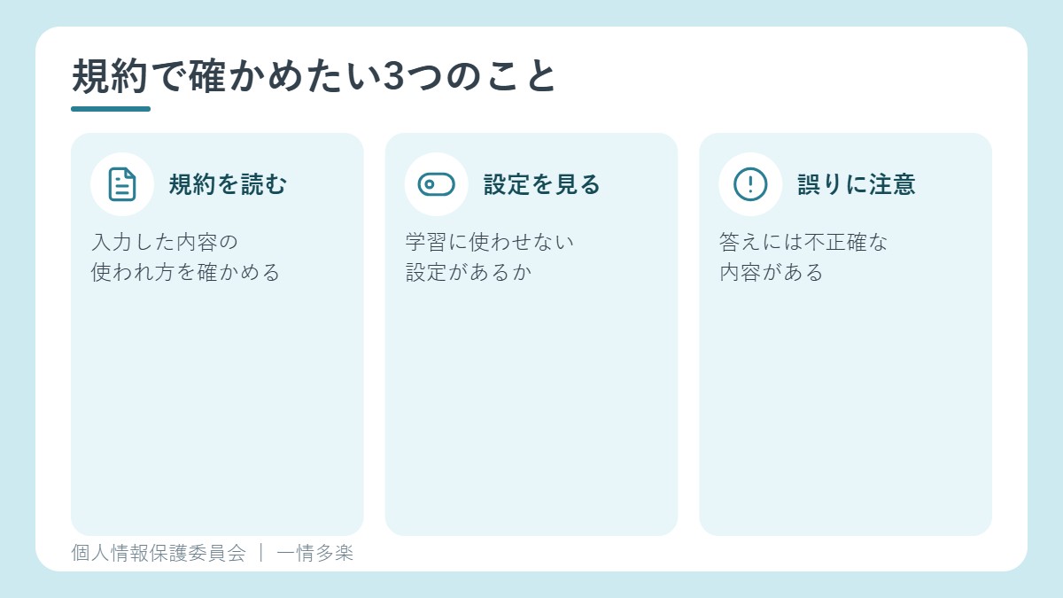 規約を読む、学習に使わせない設定、答えの誤りに注意