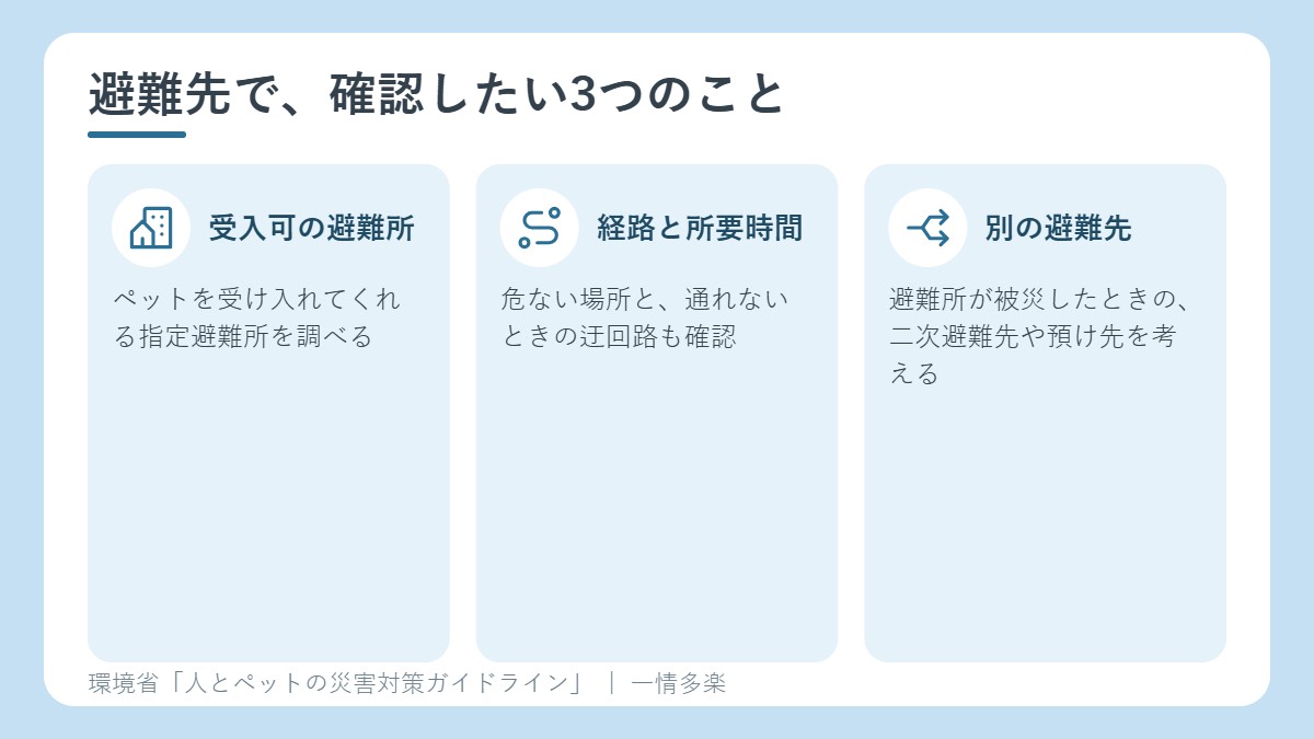 避難先で確認したい3つのこと。ペット受入可の避難所、経路と所要時間、別の避難先