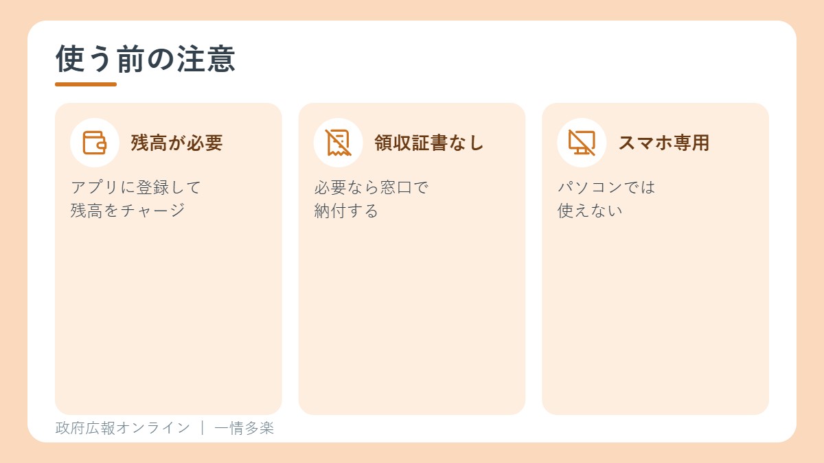 残高のチャージが必要、領収証書は出ない、パソコンでは使えない